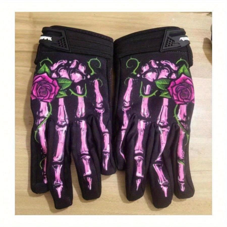 1pair Men's and Women's Rose Patterned Long Finger Outdoor Sports Off-Road Bike Cycling Gloves In Black and Pink, Winter Hand Warmers