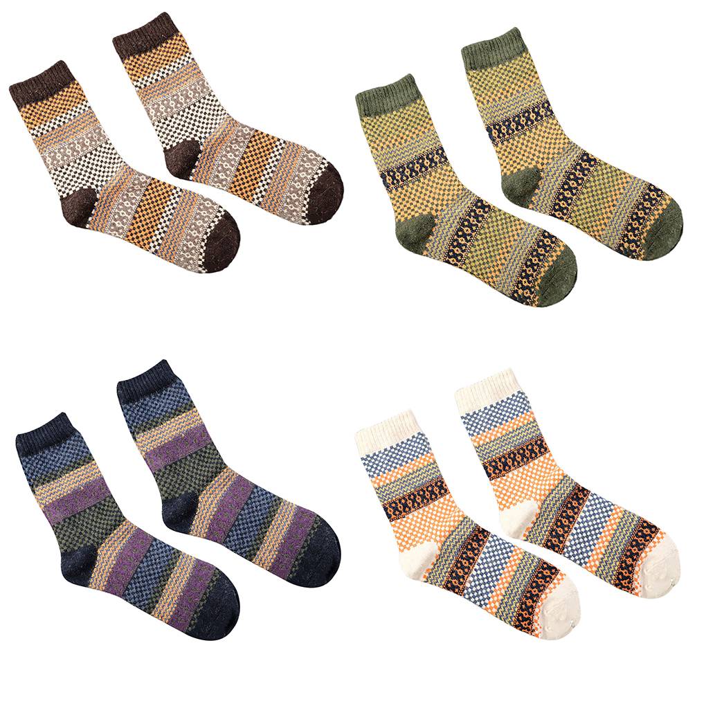 Winter Square Block Crew Length Square Block Wool Breathable Men Socks Vintage Ethnic Style Moisture Wicking
