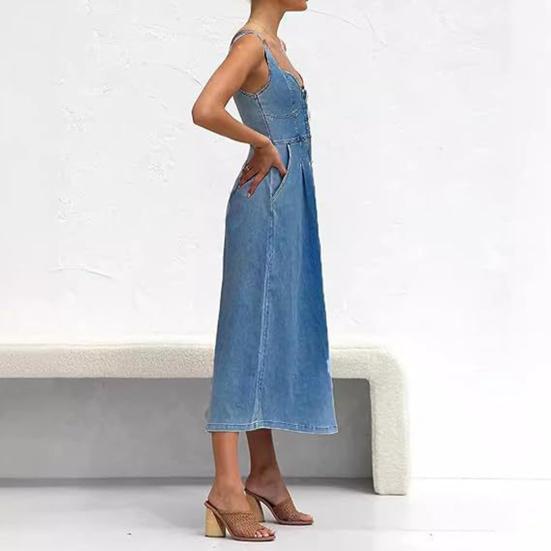 Denim Dress for Women Summer Casual Sleeveless Midi Dress with Pockets Button Down A-Line