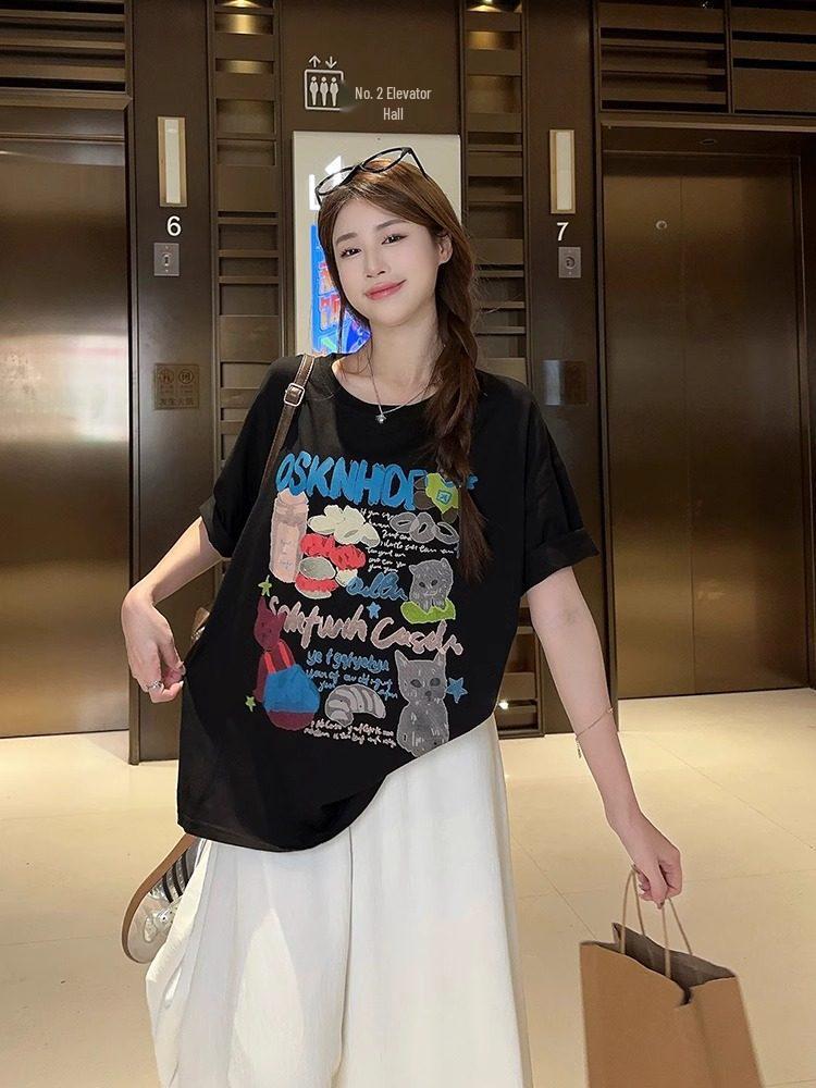 Unisex Retro Graffiti Print Cotton Plus Size T-shirt - Short Sleeve, Loose Fit for Men, Women & Girls