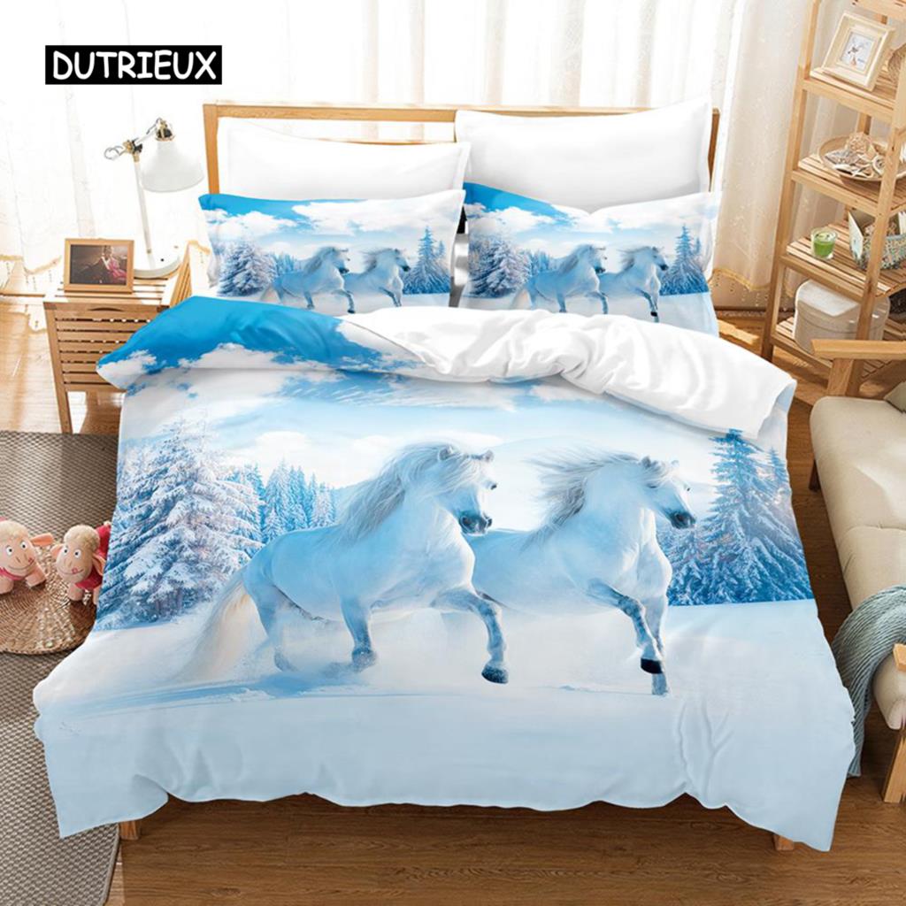 Polyester Comfortable White Horse Pattern Duvet Cover Set With Duvet Cover And Pillowcases King Queen Twin Sizes For All Ages