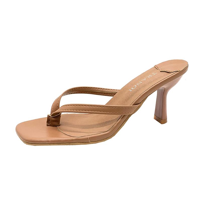 Fashion Square Toe Clip Sandals for Women 2025 Summer New High Heel Flip-flops Large Size Slim Heel Women's Outdoor Leather Slippers