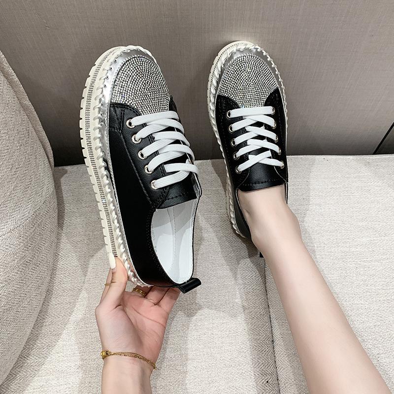 Fashion Aphixta 3cm Heels Crystal Lace Up Leather Flats Shoes Women Gold Bling Loafers Shoes Woman Flat With Casual Footwear Size 45