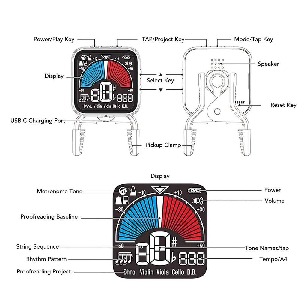 Walfront Clip Tuner Violin Tuner Metronome Professional Electronic Tuner with Clamp HD Clear Display A4 Frequency Adjustable Metronome Function ABS