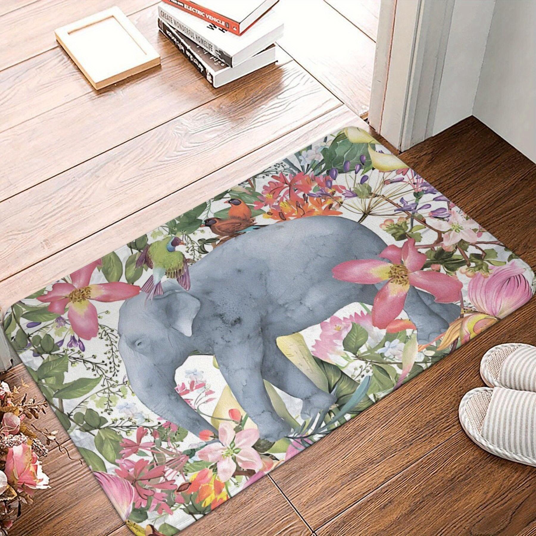 

1pc Elephant Floral Jungle Plant Garden Doormat- Machine Washable, Lightweight Polyester Flannel Rectangular Mat, Suitable for B 40x60cm