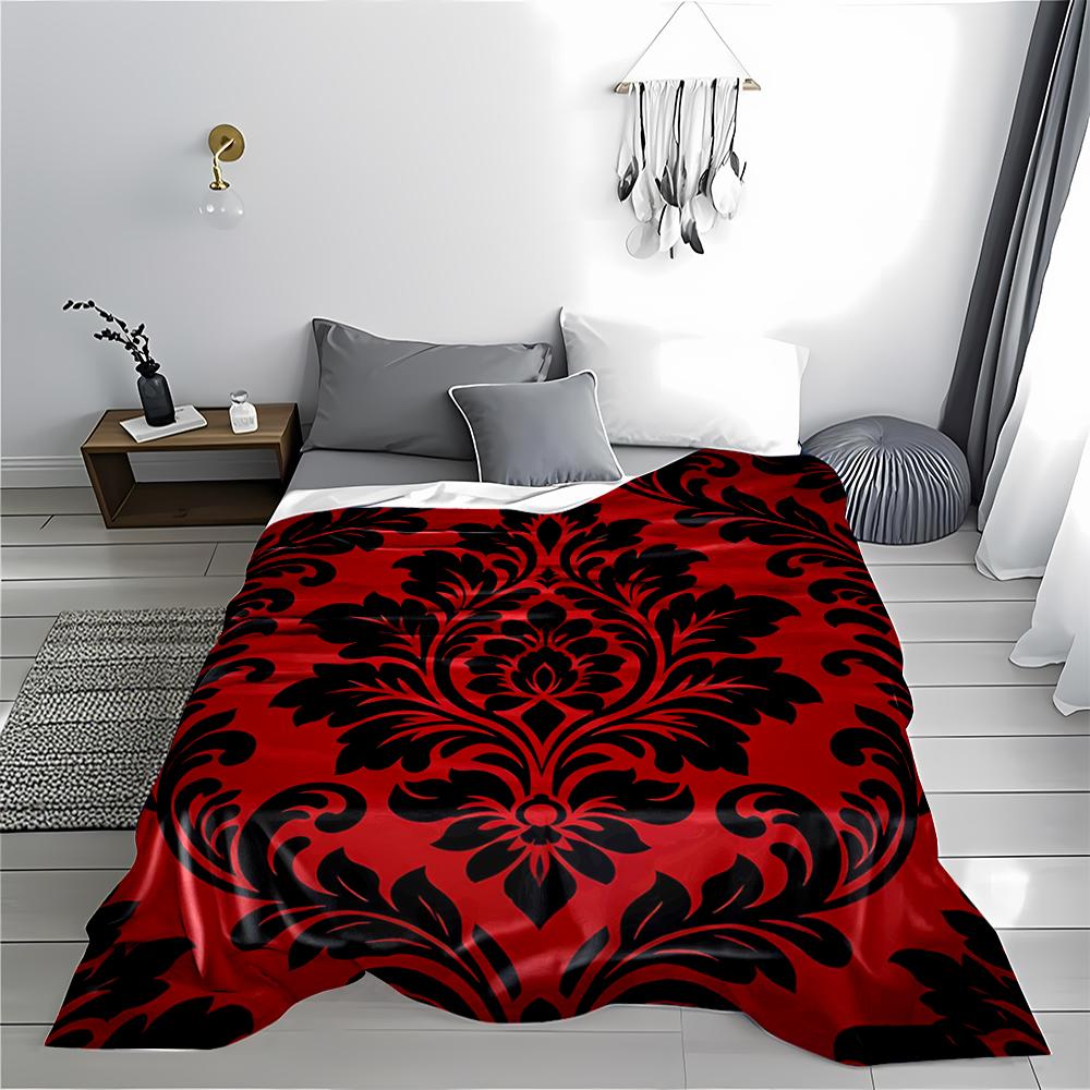 Luxuriöse rote Decke mit schwarzem floralem Damastmuster für Decke, geeignet für die Verwendung im Schlafzimmer, Wohnzimmer, auf dem Sofa