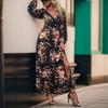Women's Floral Print V Neck Long Sleeve Dress