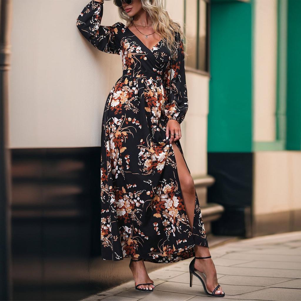 Women's Floral Print V Neck Long Sleeve Dress