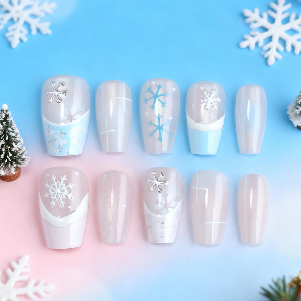 Snowflake Cat Eye Christmas Nails - French Blue & Pink, Detachable Art, 30-Piece High-End Set