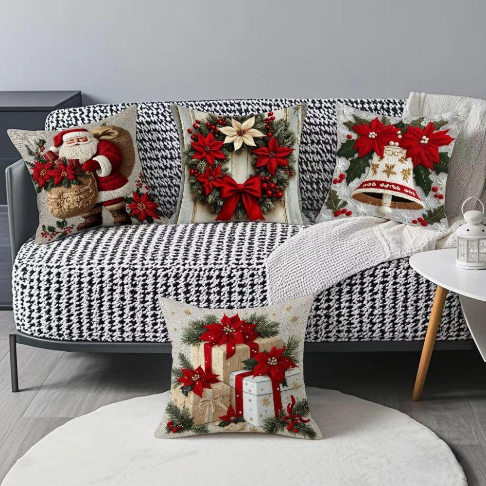 Christmas Cushion Cover Christmas Tree Pattern Snowflake Decorative Pillowcase Santa Claus Cartoon Square Shape