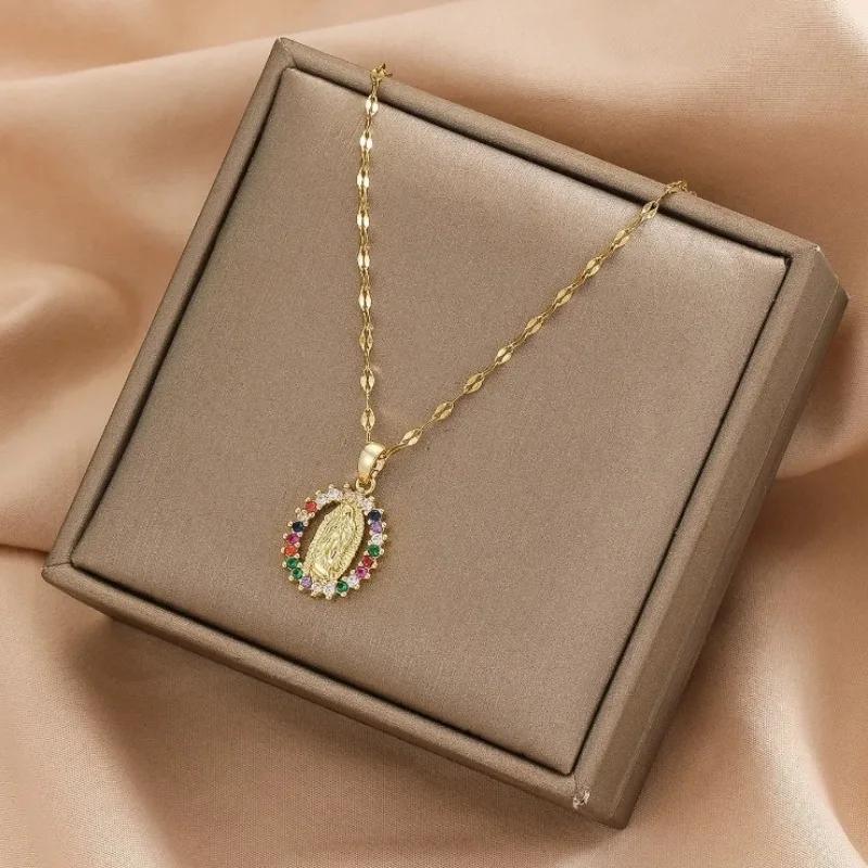 European and American Fashion and Gorgeous Women's All Sky Star Micro Inlaid Colorful Zircon Virgin Mary Hollow Necklace