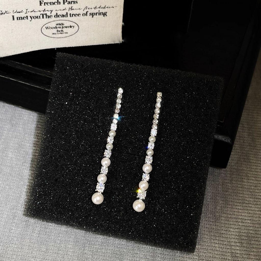 Natural freshwater pearl zircon splicing stud earrings female Xu Yan Ruth light luxury high-end long fringed earrings