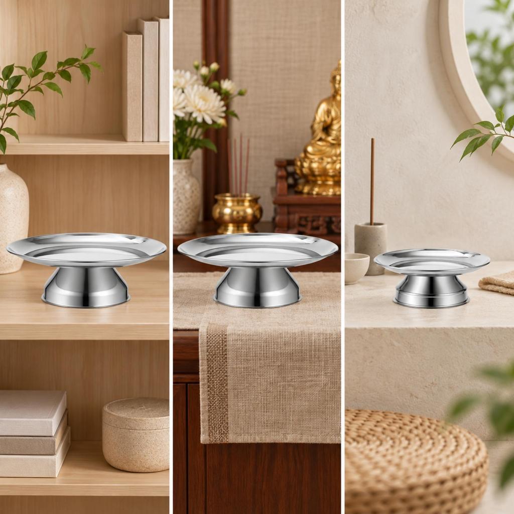 Stainless Steel Offering Tray Silver Round Shallow Plate with Pedestal Base Polished