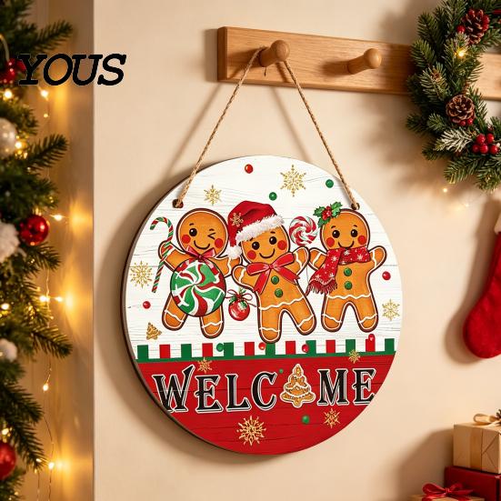 Rustic Christmas Wall Art Hanging Sign, Round Wooden Welcome Cute Dog Gingerbread Retro Holiday Wood Plaque Man Sign for Front Door Porch Decor