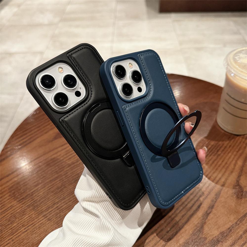Lussuoso PU Pelle per Custodia per Telefono con Ricarica Wireless Magsafe per IPhone 15 Pro Max 12 13 14 15 Plus con Anello Supporto Custodie Cover