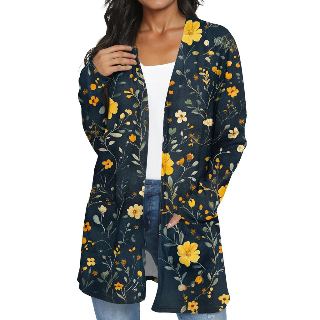 Women's Fashion Casual Retro Floral Print Mid-Length Cardigan Jacket