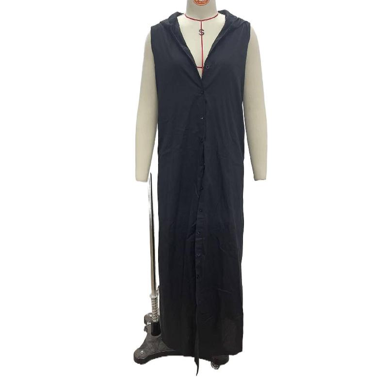2026 New Women's Casual Loose Sleeveless Long Dress with Single-Breasted Buttons and Fashionable Hood