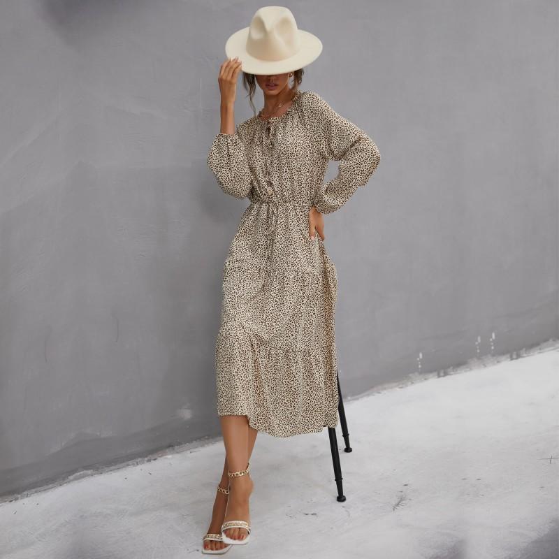 YYFS Robes décontractées à manches longues et col rond pour femmes, mode été printemps imprimé léopard