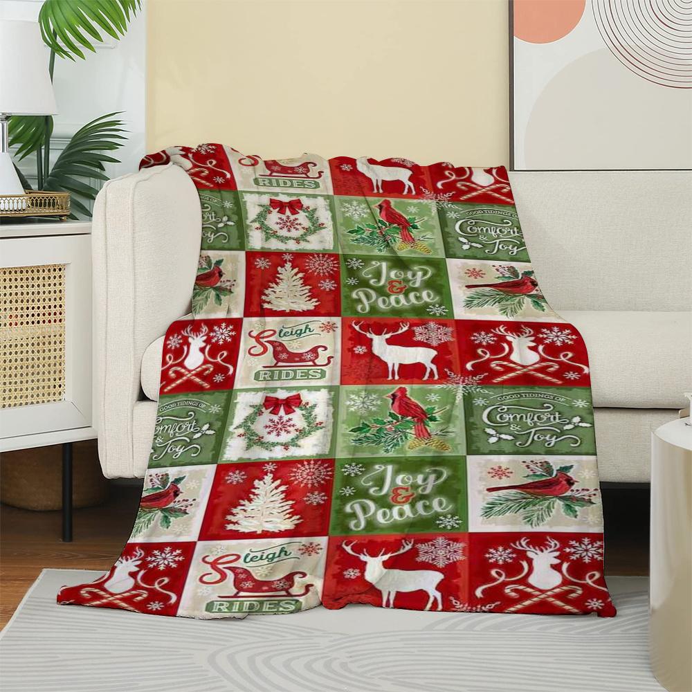 Christmas Patchwork Fleece Blanket Reindeer Cardinal Tree Pattern Soft Cozy Throw Blanket  for Couch  Lounging Ideal Gifts