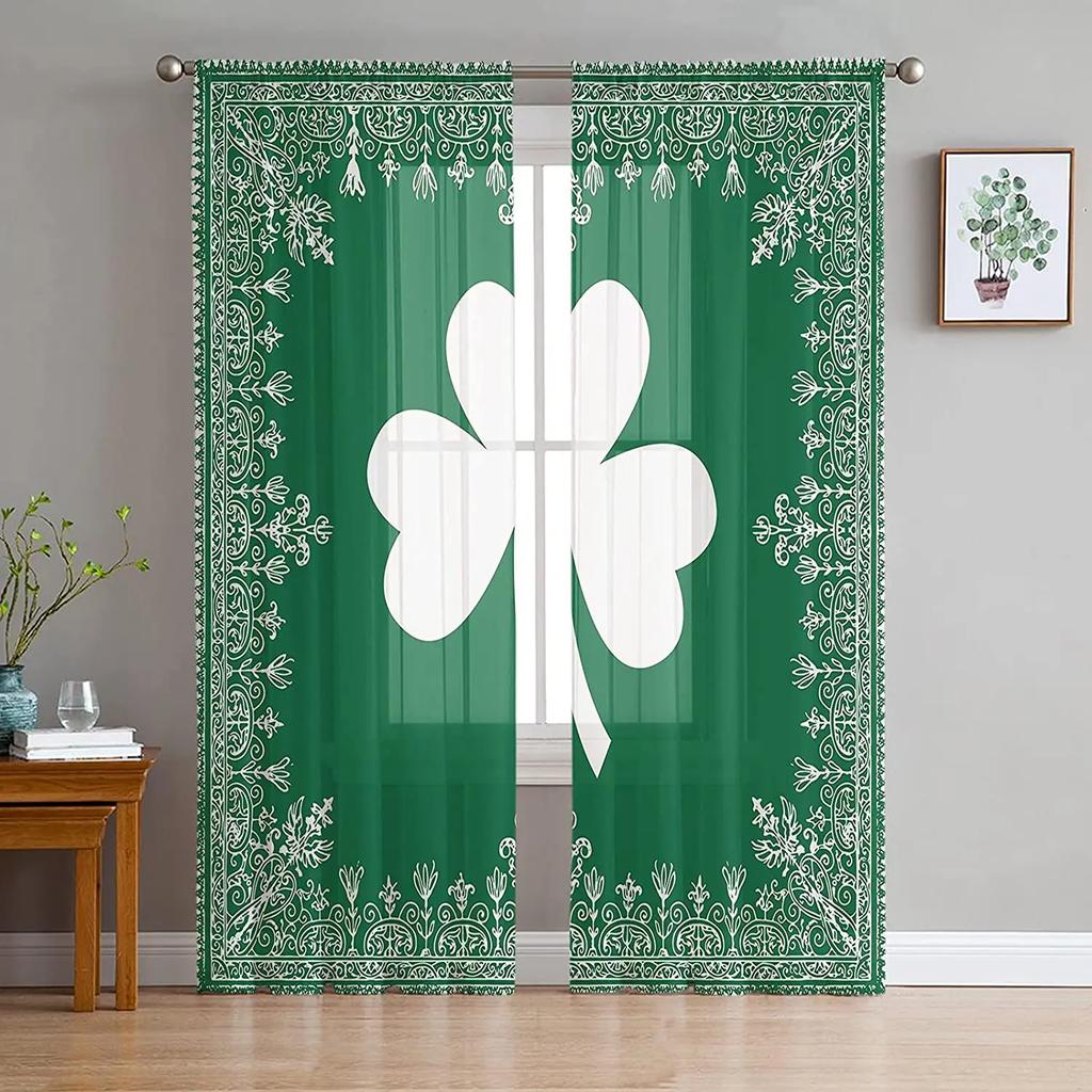 St Patrick Day Clover Lucky Leaves Voile Curtain Living Room Bedroom Kitchen Window Decor Tulle Chiffon Curtains Sheer Polyester Ideal For Area