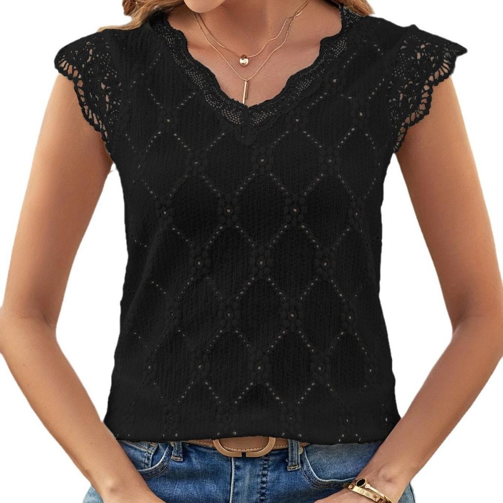 Summer New Lace Splicing, Women's Fashion Thin Section V-neck Pullover Shirt Tops Outside