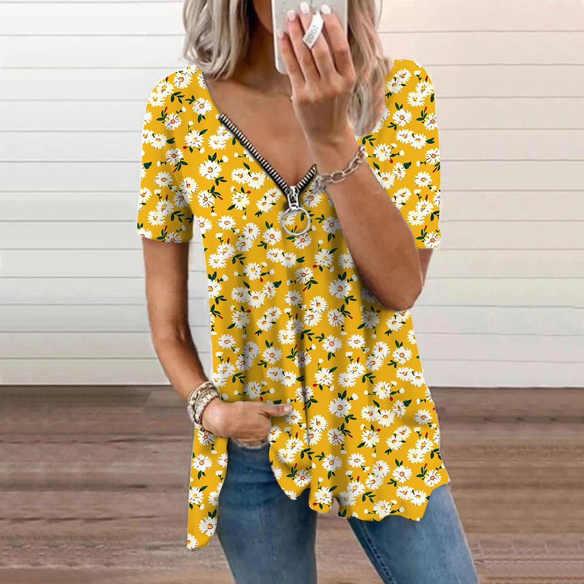 

Женский топ, летний, новый, модный, с желтыми цветами, повседневный, с застежкой-молнией, V-образным вырезом и коротким рукавом 8XL жёлтый