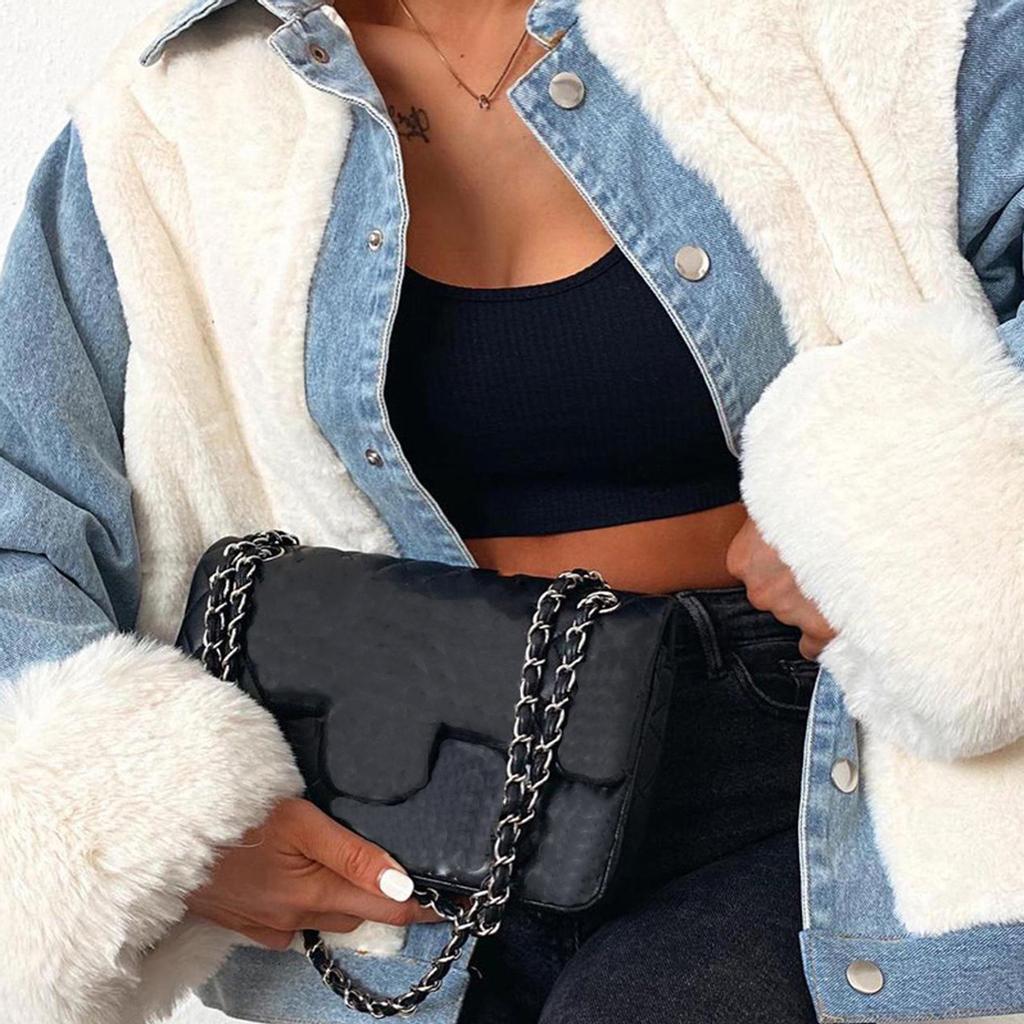 Moda Donna Casual Peluche Patchwork Cardigan Outerwear Giacca di Jeans Cappotto
