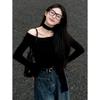 American Black One-Shoulder Ribbed Fleece Long-Sleeve Slim-Fit Women's T-Shirt - New Autumn Design