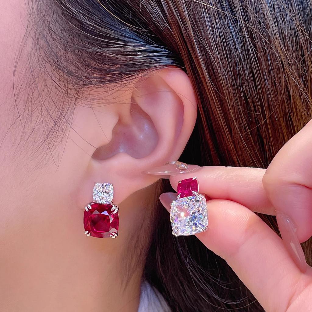 Light Luxury Red Corundum Pendant Necklace Fashion Dinner Cultivation Synthetic Ruby Set Color Treasure Earrings Ab Ring