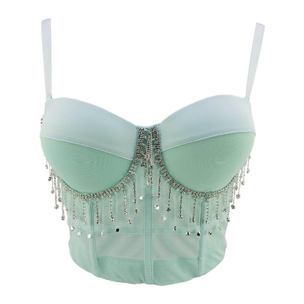 Beaded Diamond-embellished Mesh Fringe Mini Tank Top Cute and Sexy Slim-fitting Outerwear Strapless Top for Women Camis & Tank Tops