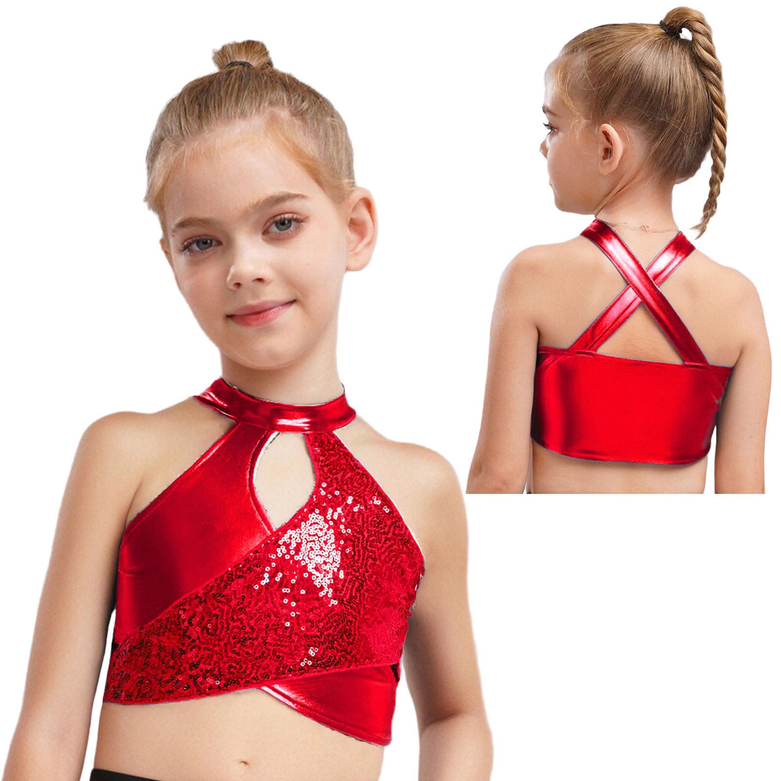 

Girls Dance Crop Top Cross Keyhole Sparkly Sequins Metallic for Jazz Latin Ballroom 5-6 Years червоний