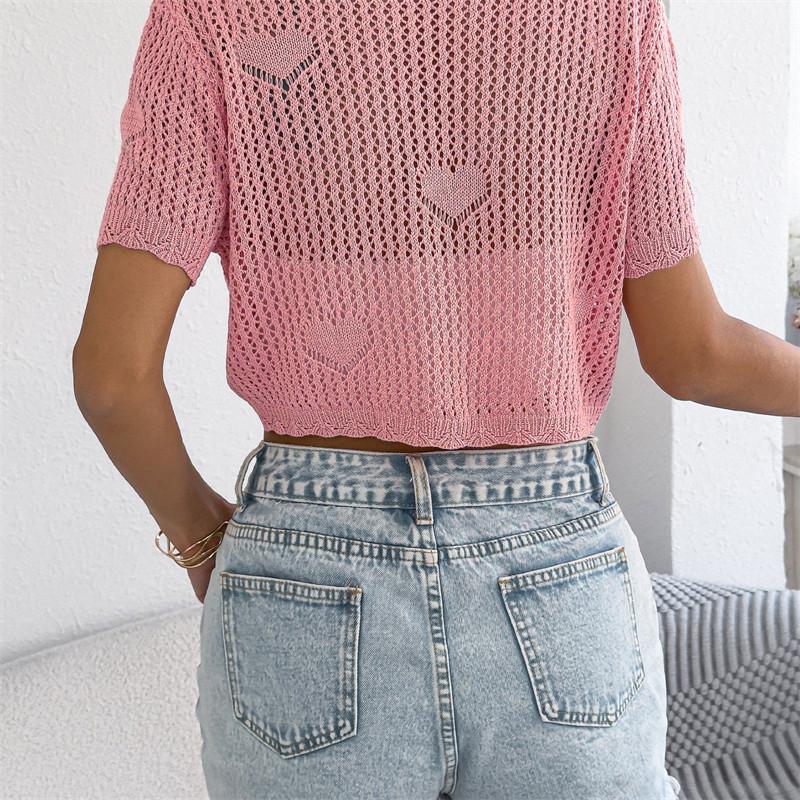 2026 Spring/Summer Women's Hollow Lace Short Sleeve Knitted Open Top S-XL
