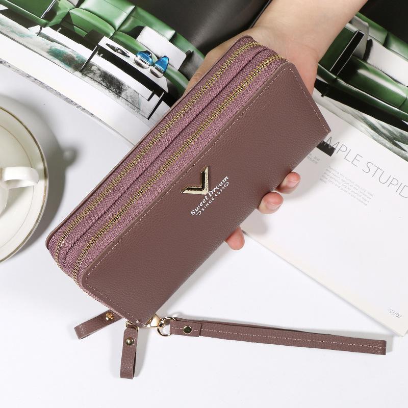New Fashionable Double-layer Double-zipper Wallet Soft Leather Lychee Pattern Clutch Bag Niche Women's Long Mobile Phone Bag