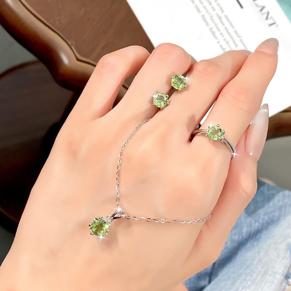 S925 Sterling Silver Necklace Women's High-end Design Sense Natural Crystal Stone Olivine Topaz Six-claw Jewelry Set Women
