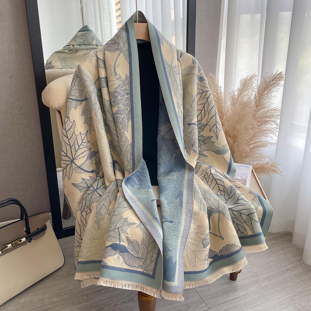 Winter Literary Imitation Cashmere Scarf Women'S Elegant Maple Leaf Printing Scarf Thickened Warm And Windproof Versatile Shawl
