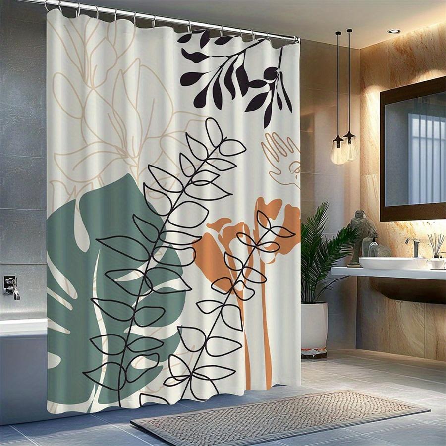 1pc Bamboo leaf pattern shower curtain, machine washable polyester fabric, suitable for bathroom décor.