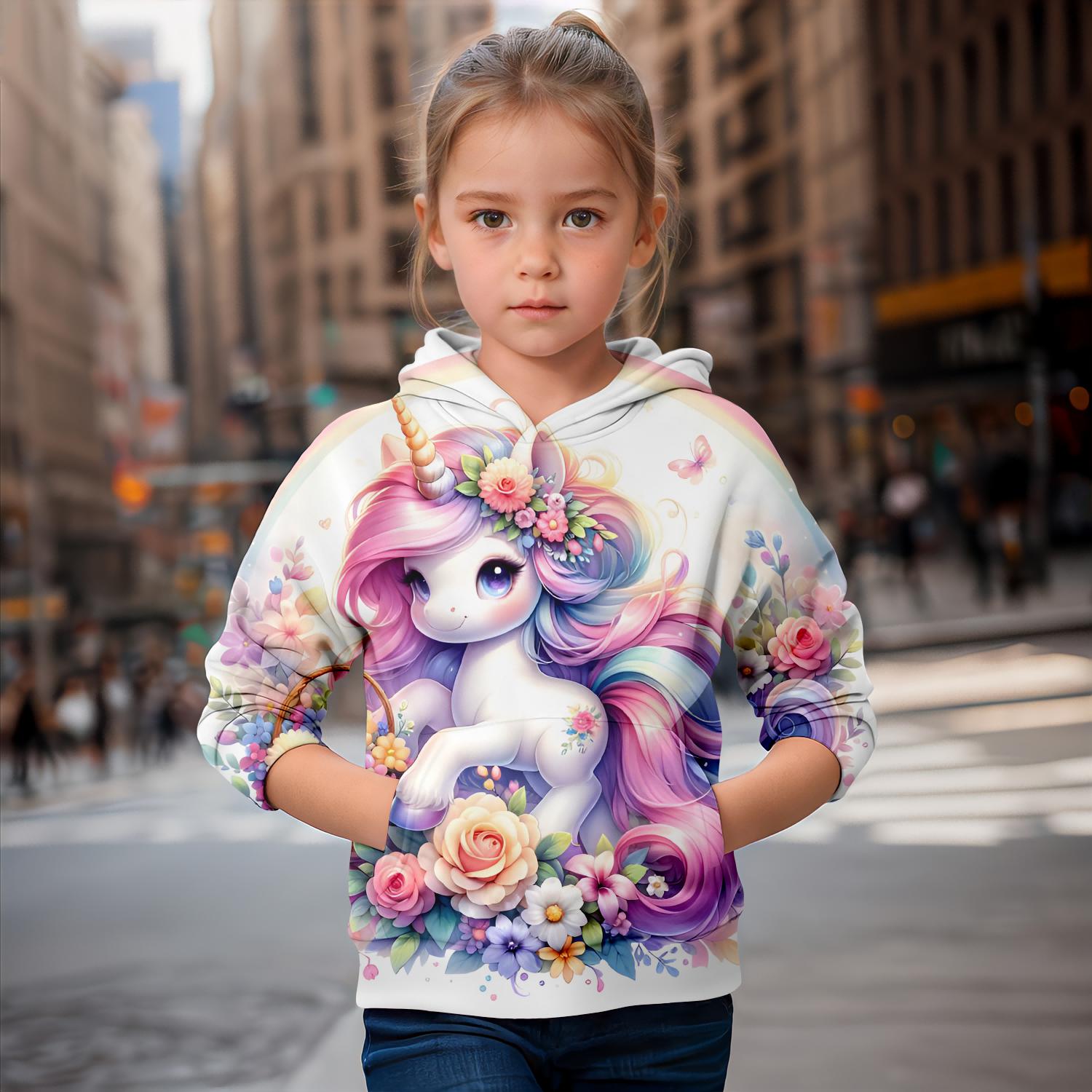 ETST 007 Cartoon Eenhoorn 3d Print Meisje Schattige Hoodies Lange Mouw Capuchon Sweatshirt Top Mooie Pullover Lente Herfst 2024 Kleding 120CM