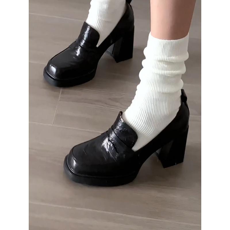 Vintage high-heeled Mary Jane single shoes women's deep-mouth thick-heeled loafers British thick-soled square-head small leather shoes