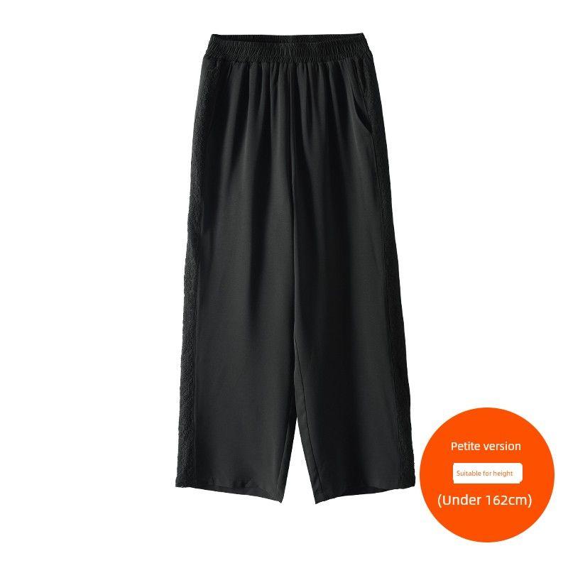 

Plus size women clothing [Ice Silk Cool Pants] Three Pants Length Lace Stitching Hollow High Waist Summer Casual Wide Leg Pants The night sky is dark (162cm below) 7xl