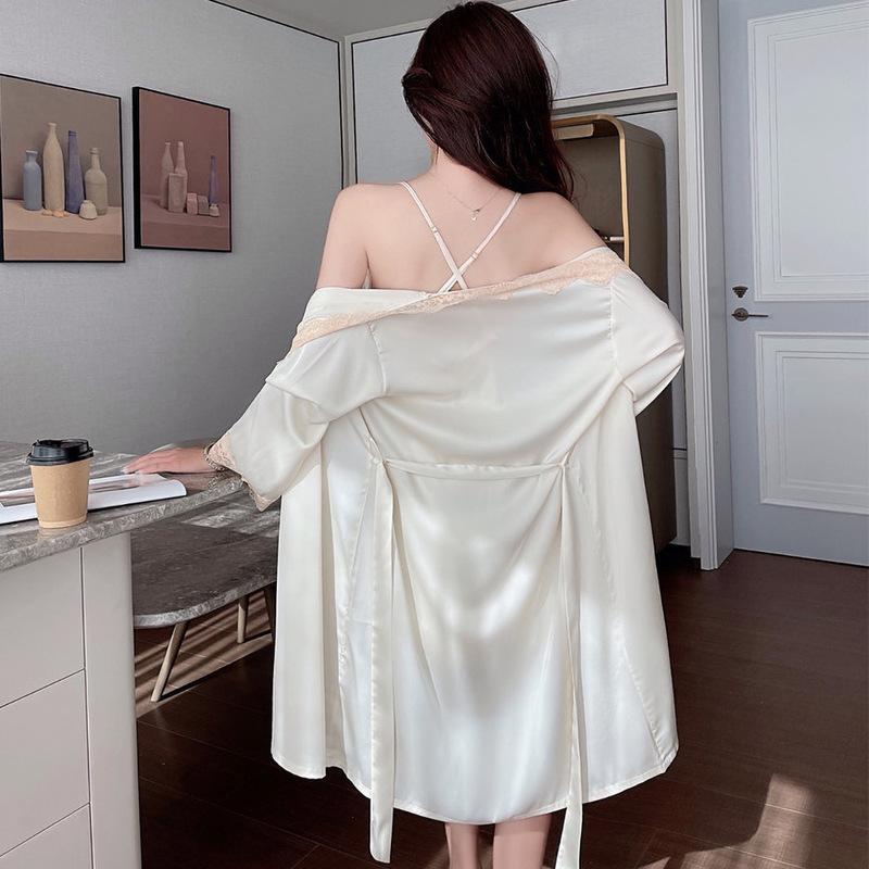 Lace Deep V Backless Split Sexy Pajamas Women'S Ice Silk Suspender Nightdress Robe Sex Temptation Two-Piece Set Sent On Behalf Of