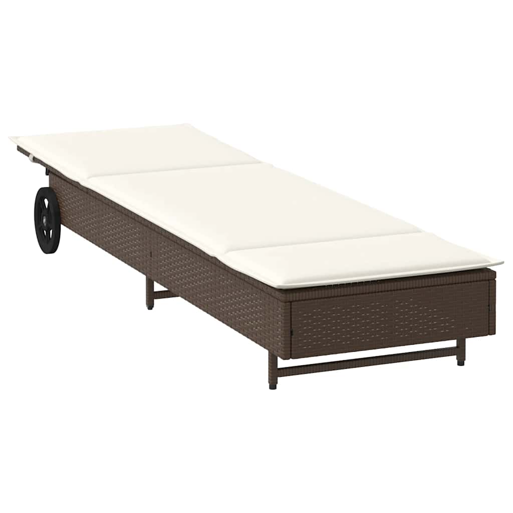 Sun Lounger with Wheels and Cushion Brown Poly Rattan