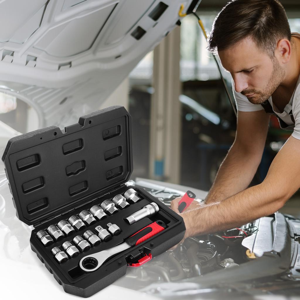 17-teiliges Knarren-Steckschlüssel-Set Verschleißfest Zweirichtungs-Schraubenschlüssel-Set Mehrzweck-Durchsteck-Knarren-Hülse für Heimwerker-Garagenwerkzeug