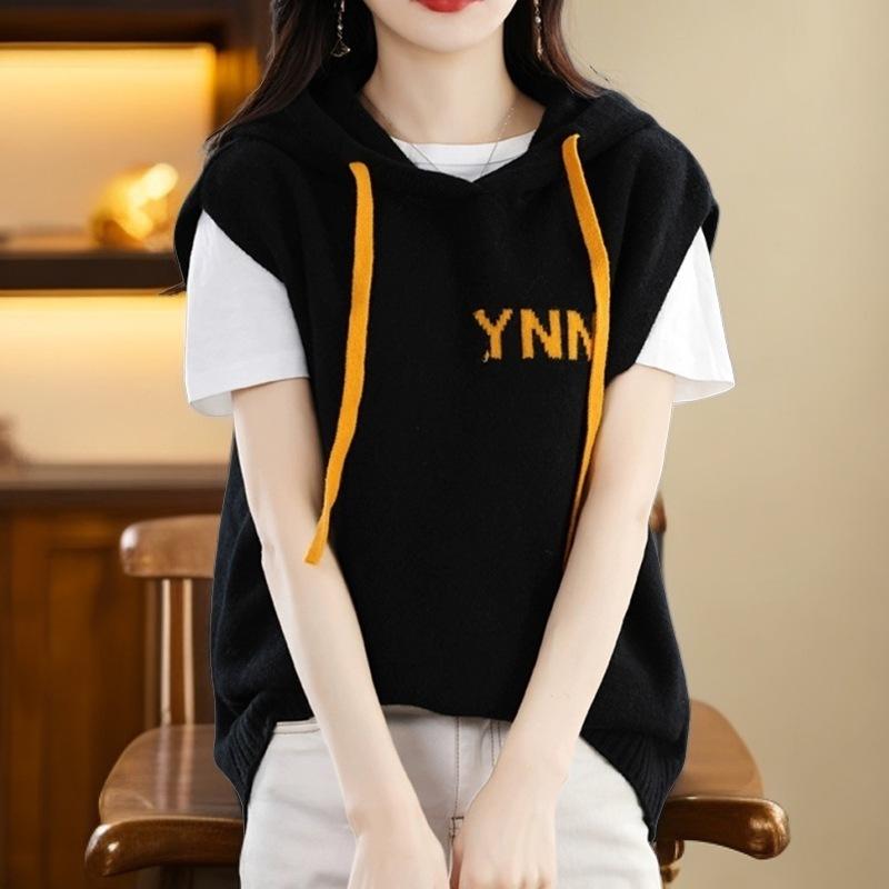 Жилет-свитер с монограммой повседневный топ с капюшоном на завязках для осени и зимы женская одежда больших размеров One Size чёрный 1793₽