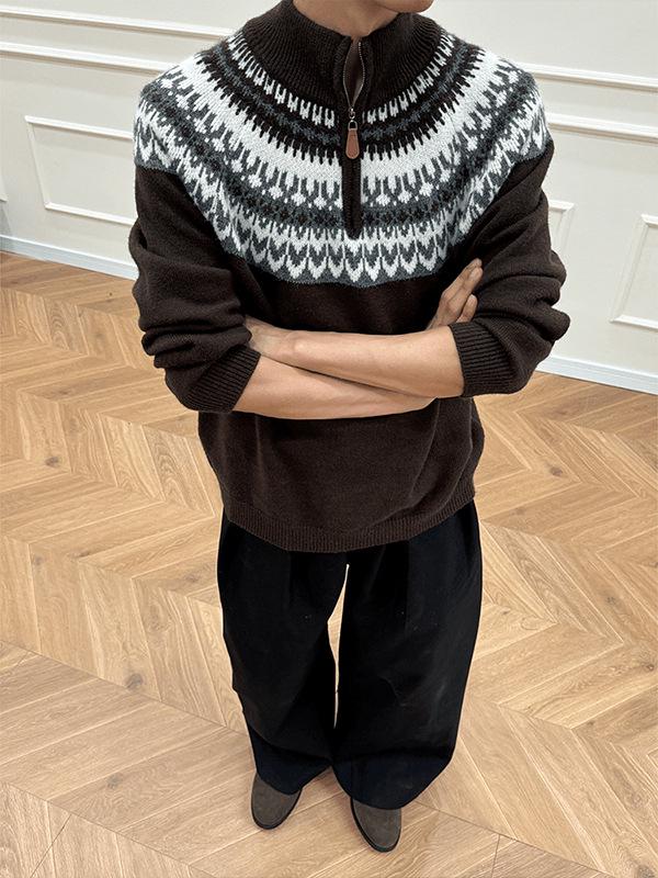 Men's Grey Fair Isle Half-Zip High Neck Sweater - Autumn/Winter Jacquard Knitwear