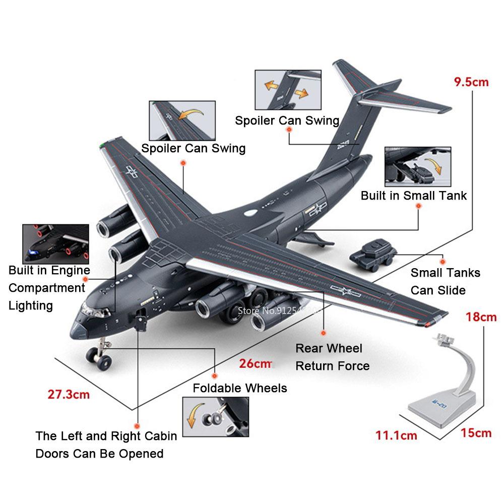 1:180 Scale Y-20 Transport Aircraft Model Toy Metal Body Pull Back Foldable Nose Wheel Military Plane Models Children's Gifts