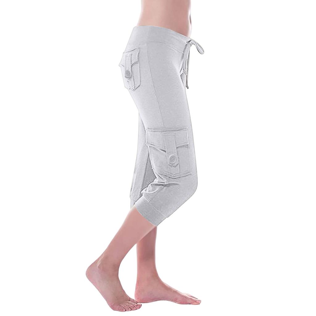 Women's Stretch-Waist Button-up Multi-Pocket Yoga Cropped Pants