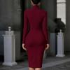 Dames High Neck Geplooide Bodycon Jurk met Lange Mouwen en Zijsplit voor Avondkleding