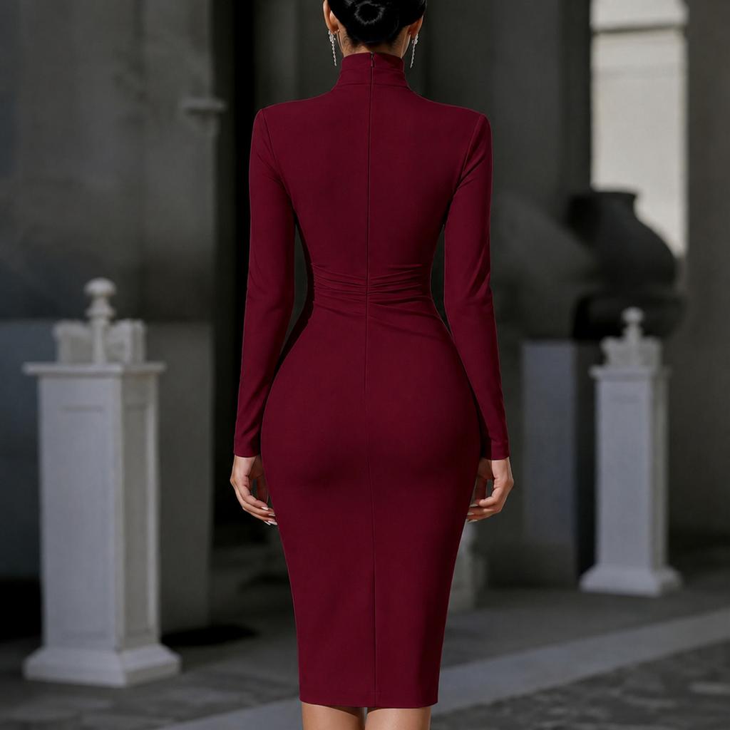 Dames High Neck Geplooide Bodycon Jurk met Lange Mouwen en Zijsplit voor Avondkleding