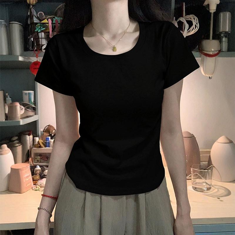 Front Shoulder Short-sleeved Cool T-shirt Women's Summer, New Bottoming Shirt, Short Inner with U Round Neck Slim-fitting White Top