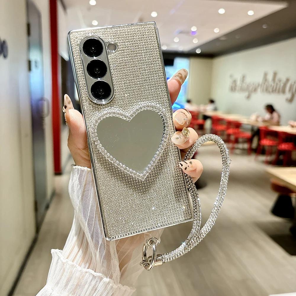 

Роскошный чехол для телефона с зеркалом для макияжа из твердого поликарбоната со стразами для Samsung Galaxy Z Fold 7 6 5 4 с портативным браслетом, противоударная защитная крышка Galaxy Z Fold6